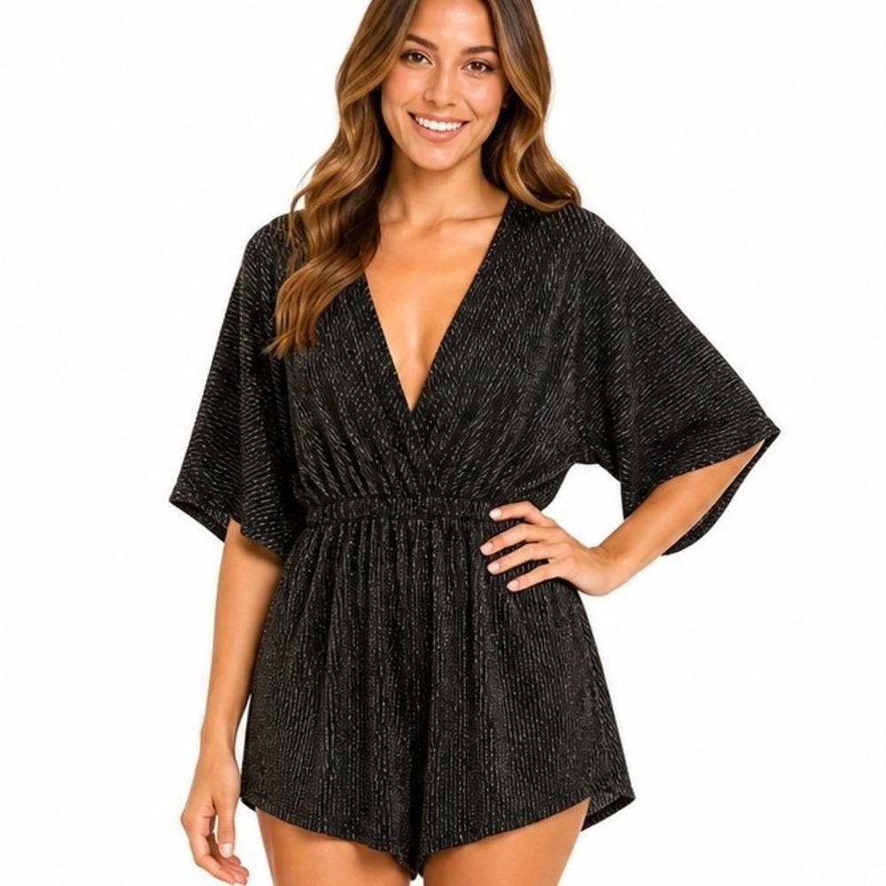 Audrey Black Gold Sparkle Striped Surplice Romper Small